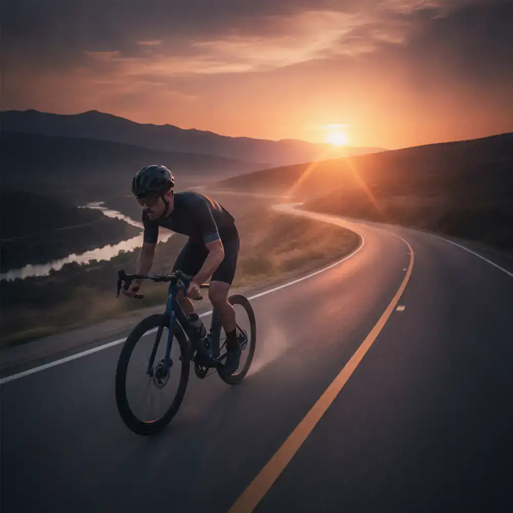A cyclist confidently riding a modern road bike during sunrise, representing freedom and performance