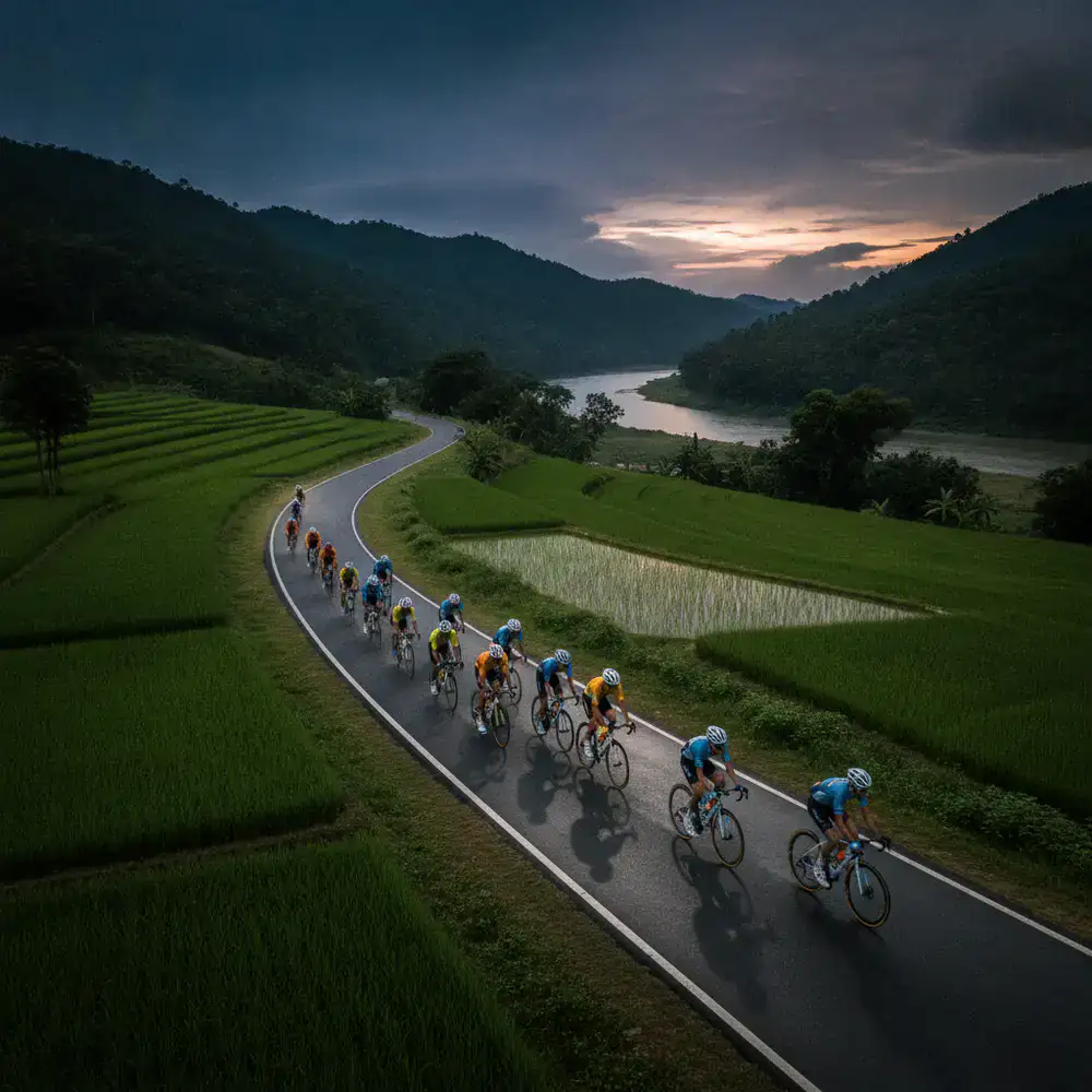 Group of cyclists riding together on a scenic route in Bangladesh
