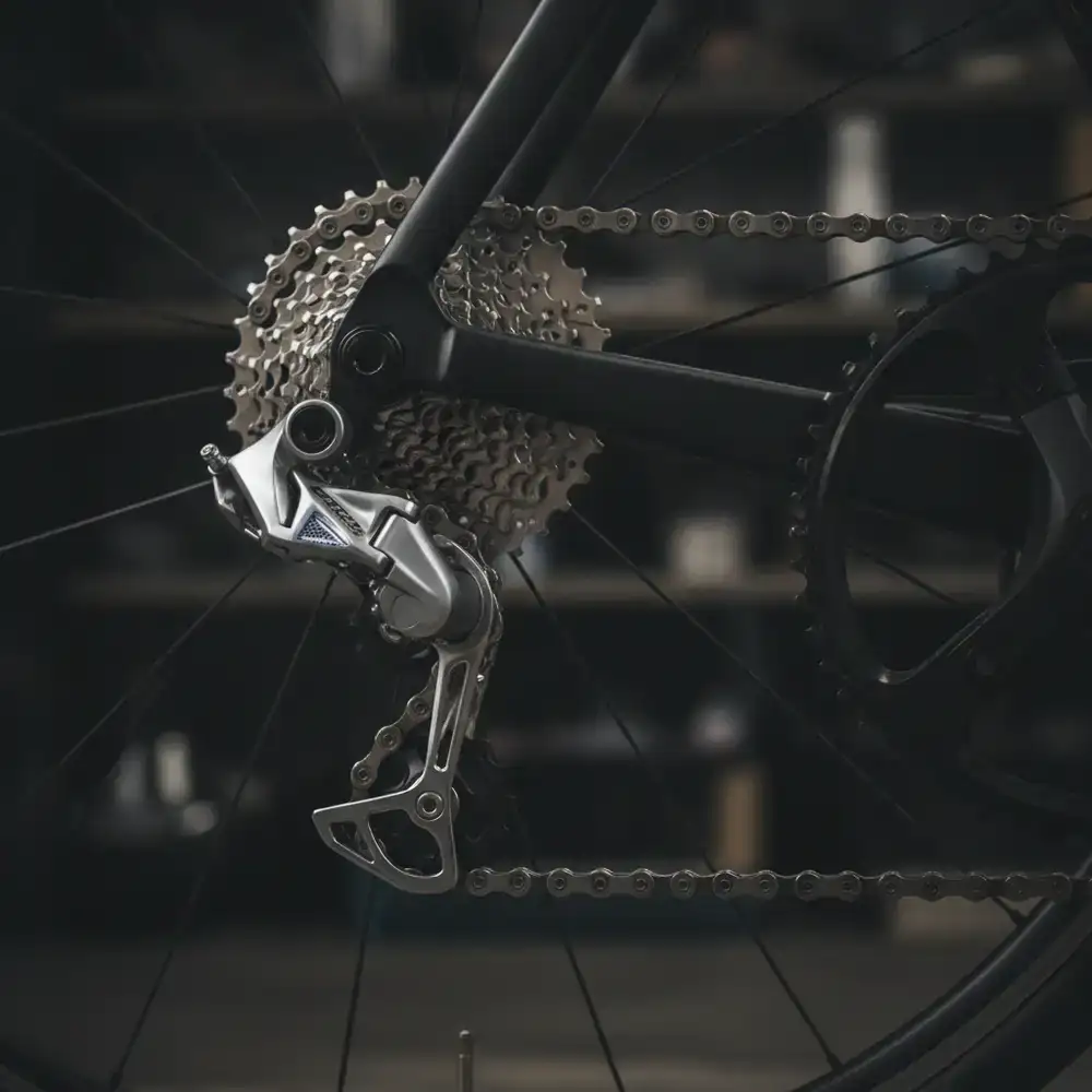 Close up of high performance cycling gears and drivetrains