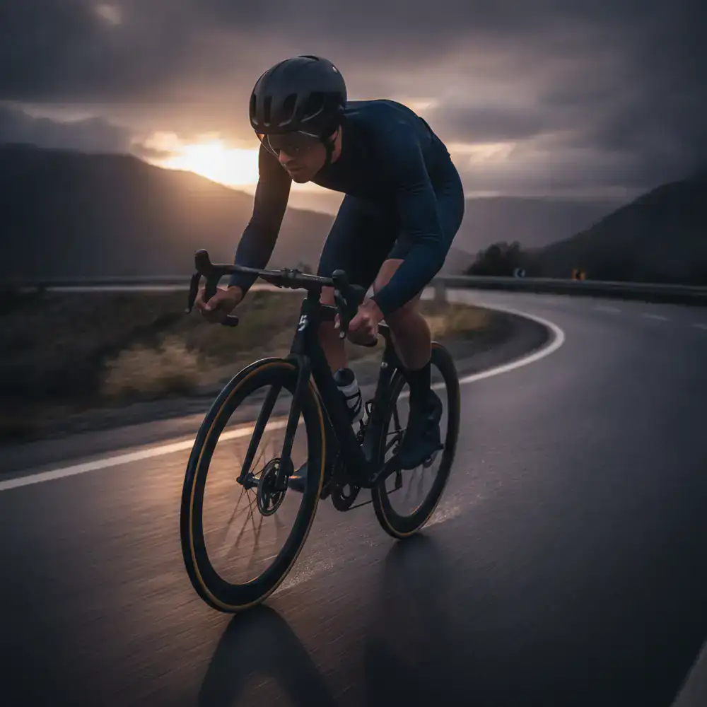 Cyclist wearing aerodynamic jersey and helmet