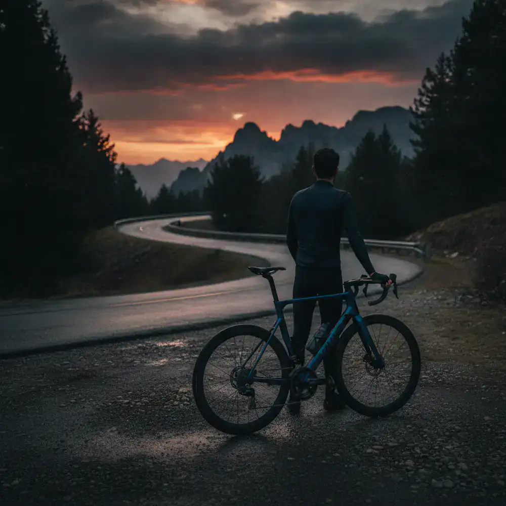 Cyclist standing with a premium road bike outdoors