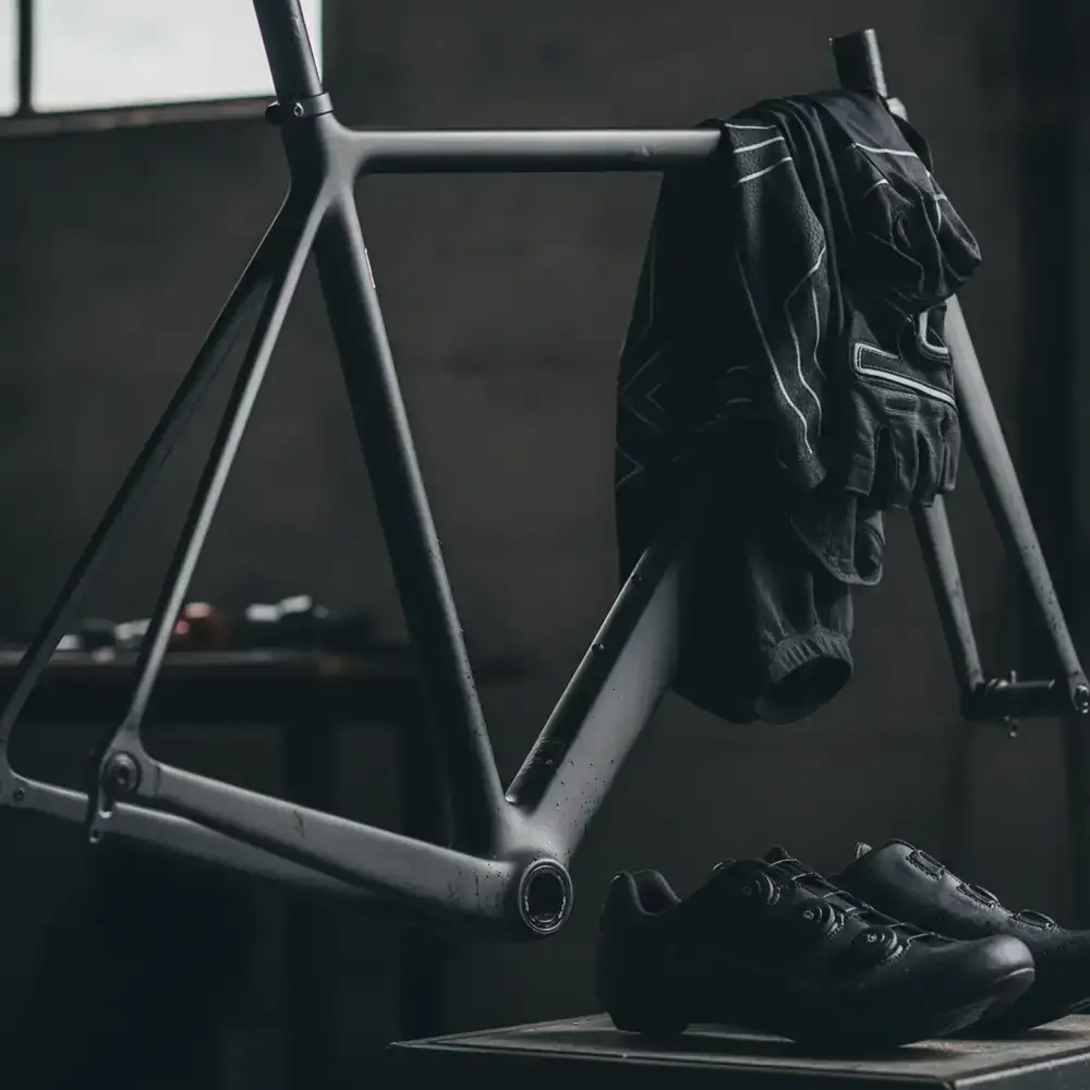 Detail shot of a bicycle frame and performance gear