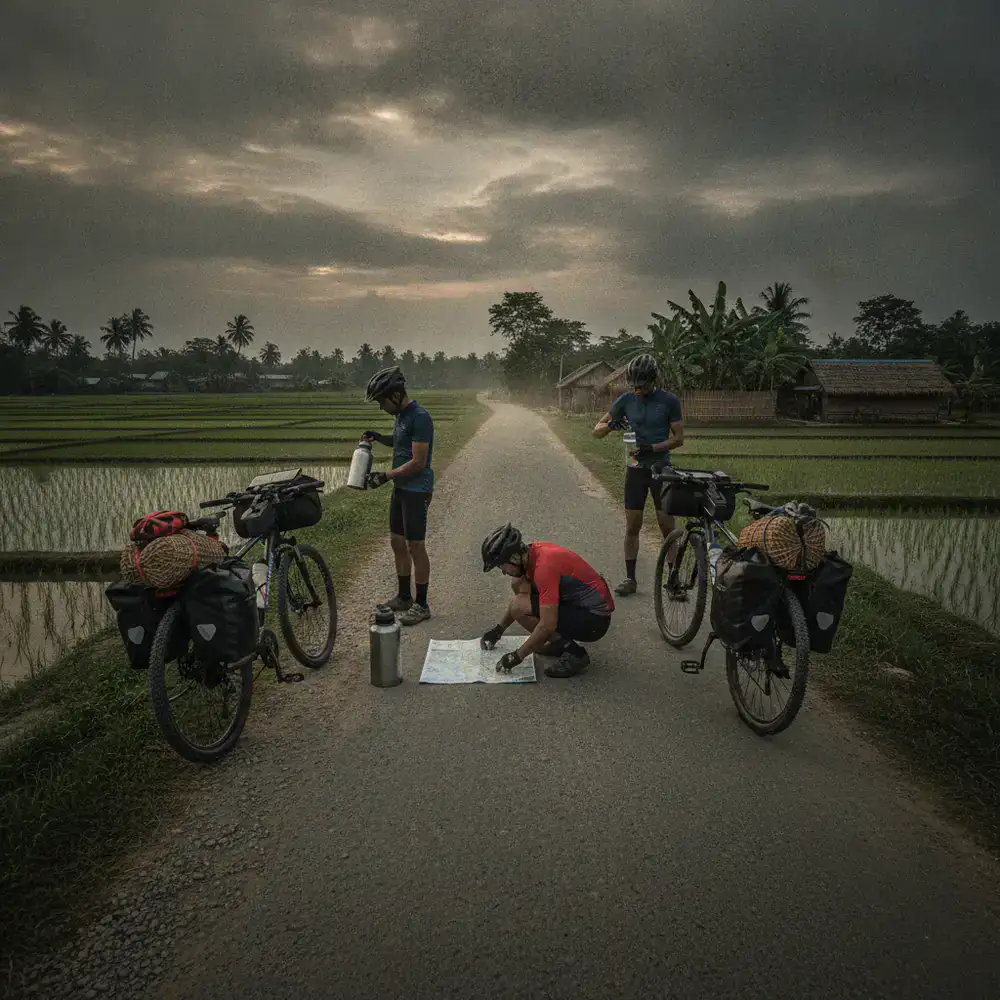 Cyclists preparing their gear on a rural road in Bangladesh