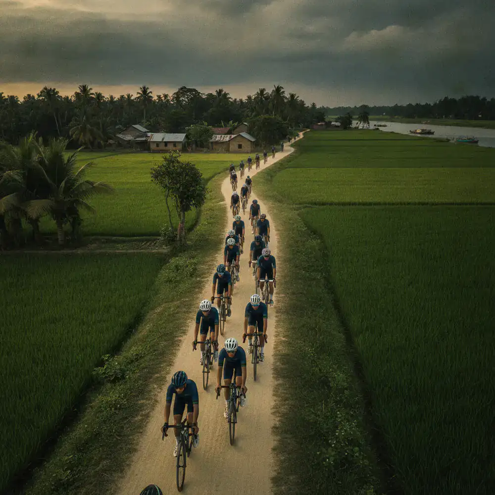 Group of cyclists riding together in the Bangladeshi countryside