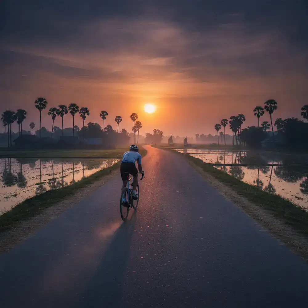 Cyclist riding on an open road at sunrise in Bangladesh