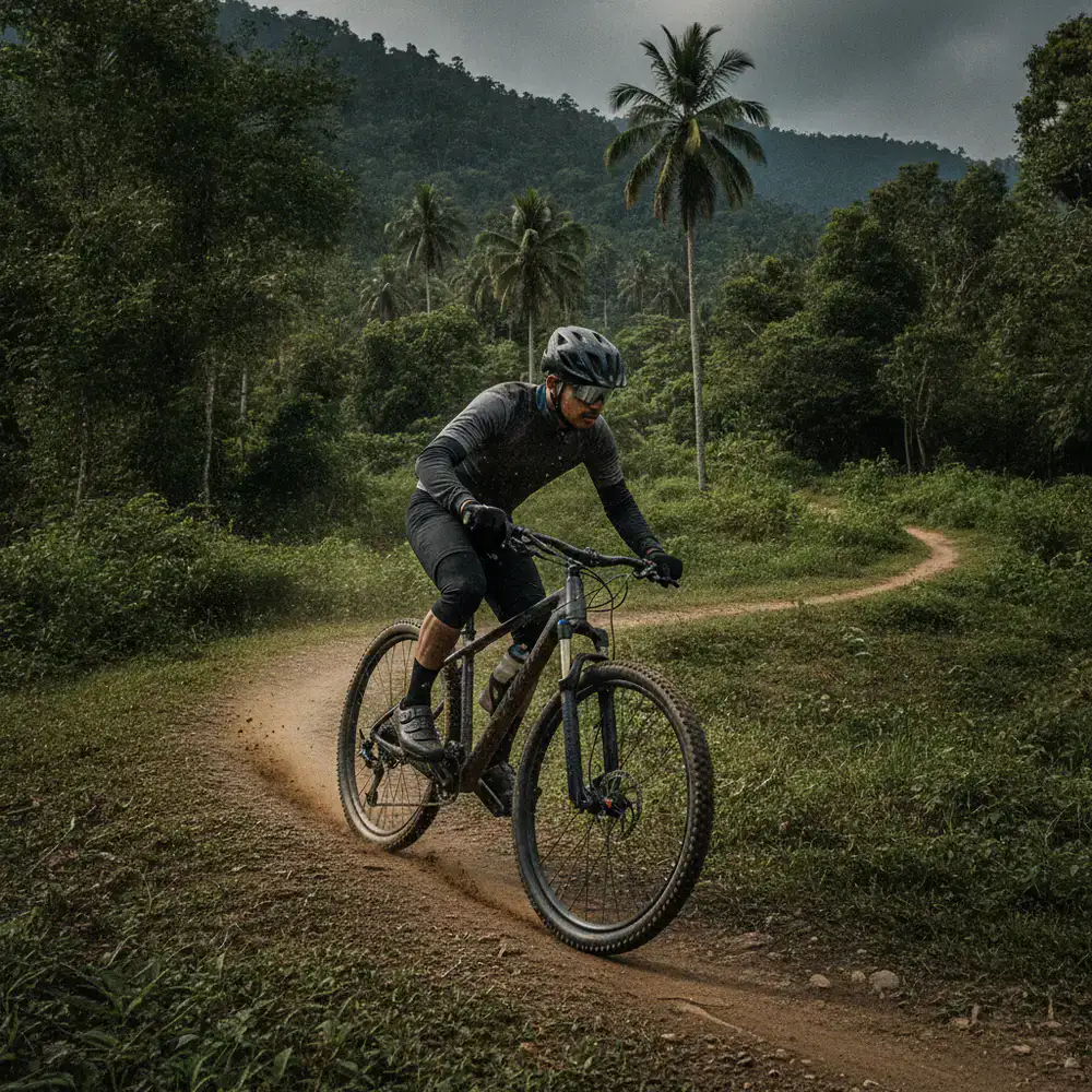 Cyclist fully equipped riding on a scenic outdoor trail in Bangladesh