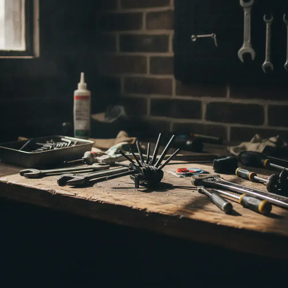 Bicycle maintenance tools arranged on a workbench
